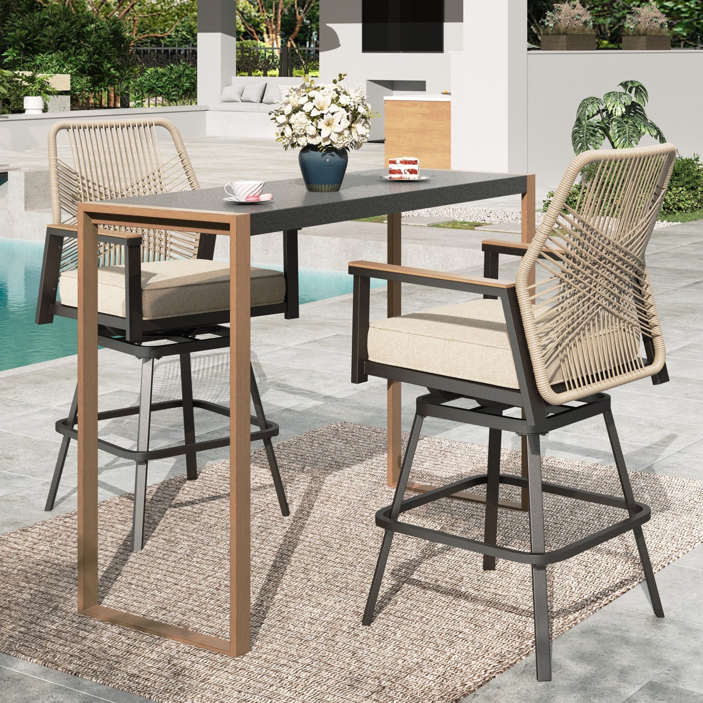 Summit Living 3-Piece Outdoor Patio Swivel Bar Set, All-Weather Rattan Bistro Set Dining Set with Removable Cushions, 55¡± Rectangle Bar Table