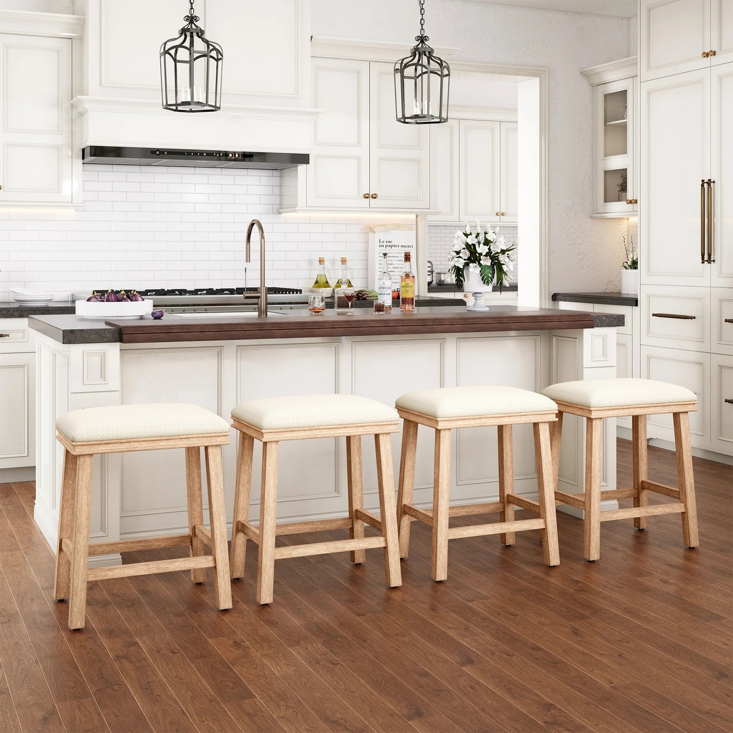 MF Studio 24" Counter Height Bar Stool Set of 4, PU Leather Padded Seat with Solid Wood Legs, White
