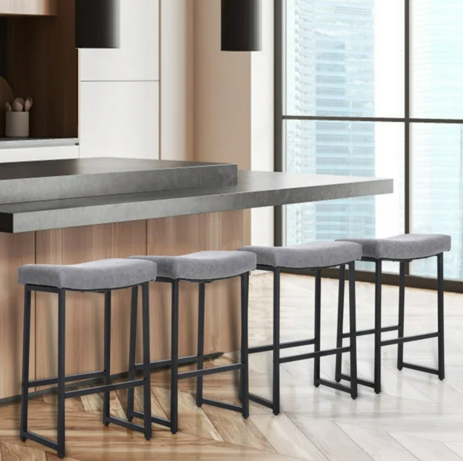 Summit Living 4 Pieces 24 inch Counter Stools, Saddle Backless Faux Leather Bar Stools for Kitchen, Gray