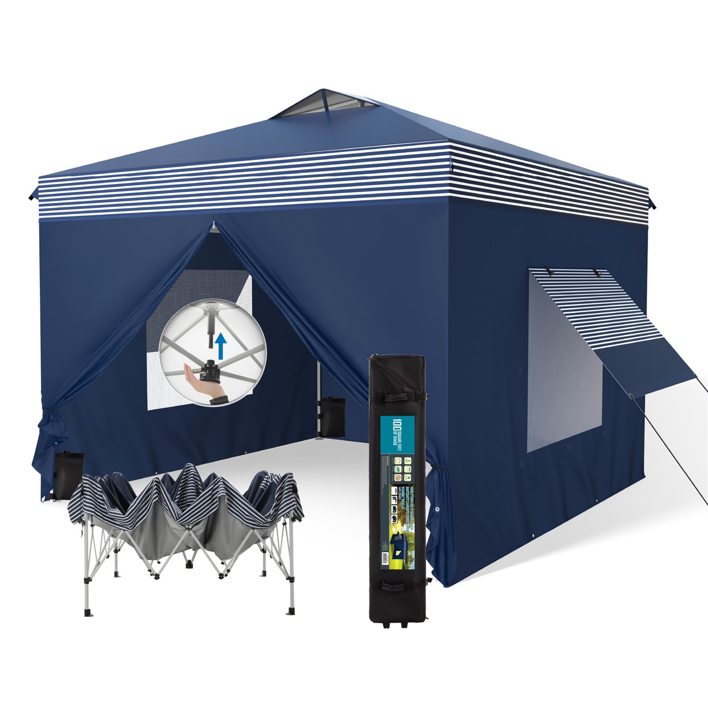 Summit Living 10' x 10' Pop up Canopy Tent with Sidewalls for Outside, Blue and White Stripes