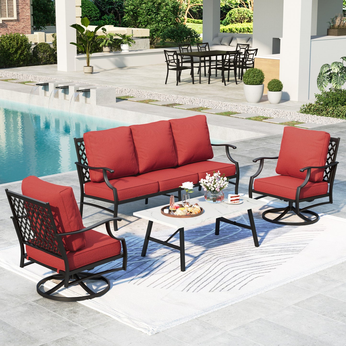 Summit Living 5-Seater Patio Conversation Set Metal Outdoor Furniture Set with Swivel Chairs and Table - Red