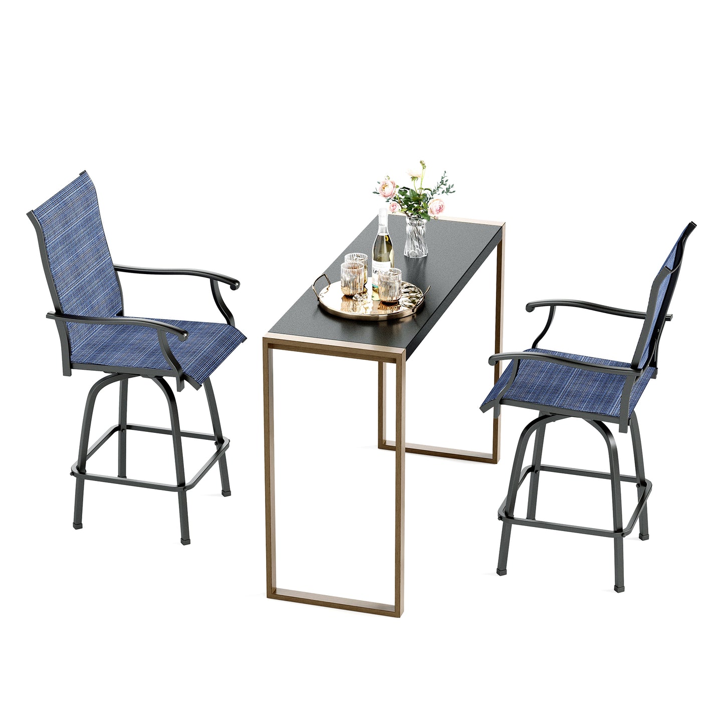 SUMMIT LIVING 3-Piece High Top Outdoor Patio Swivel Bar Stools with Table Set, Metal Counter Height Bistro Set, Black & Blue