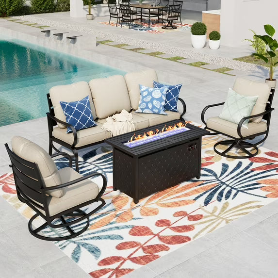 Summit Living 4 Pieces Patio Conversation Set with 45" Fire Pit Table Outdoor furniture Sectional Sofa for 5 Person, Beige Cushions