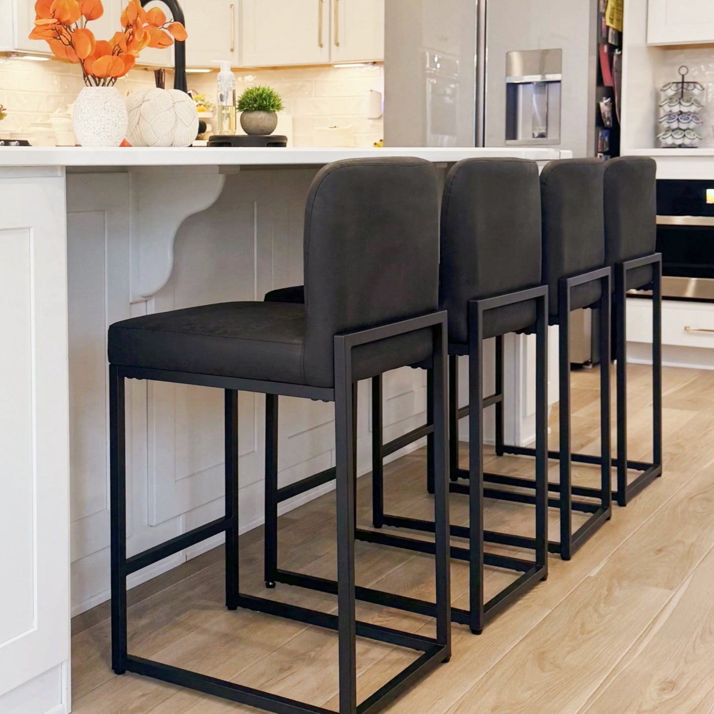 MF Studio 24" Bar Stool with Back Set of 4, 3.5" Thick Upholstery PU Leather Counter Height Bar Stool for Kitchen Island, Black