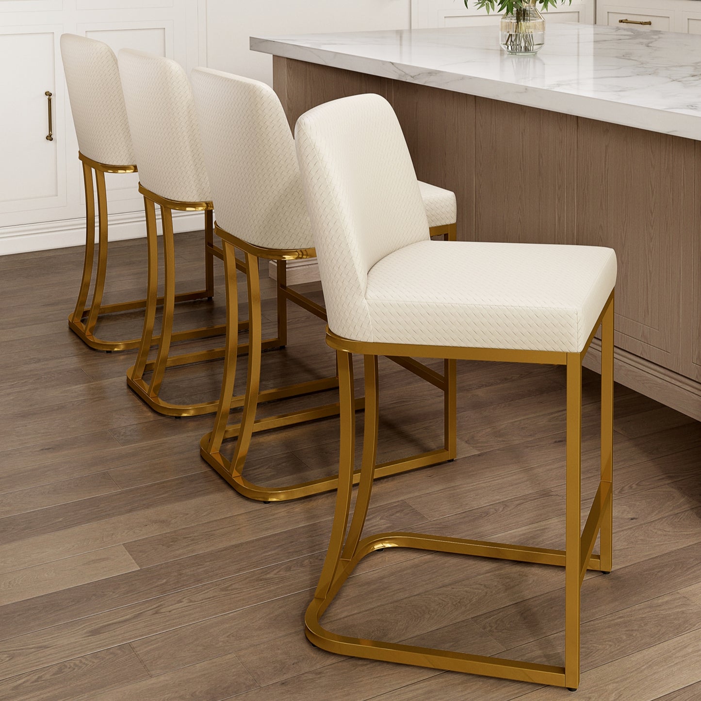 MF Studio 24" Counter Height Bar Stool with Back Set of 4, Faux Leather Bar Chair for Kitchen Island, Gold & White
