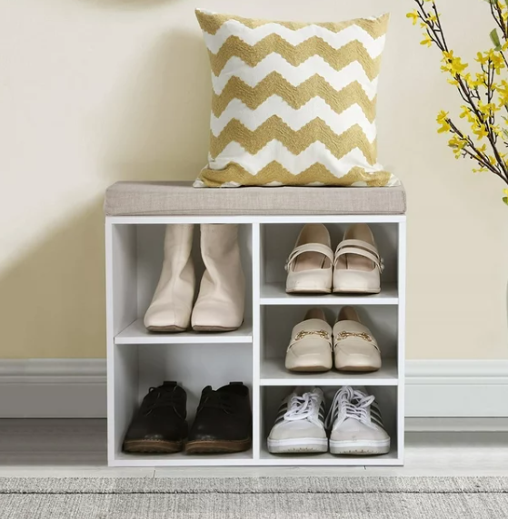 MF Studio 5-Pair Shoe Storage Wood Bench with Cushioned Seat, White