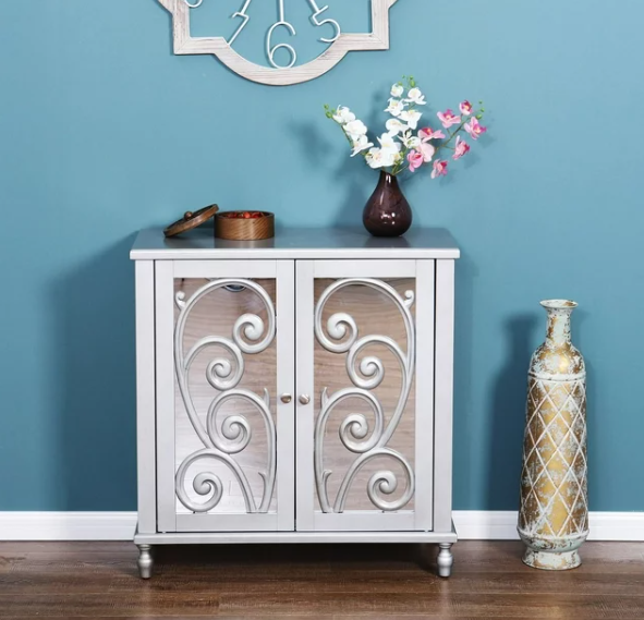 MF Studio Accent Cabinet with 2 Mirrored Doors, Sideboard Storage Wood Cabinet with Adjustable Shelf for Kitchen Dining Room Living Room, Silve