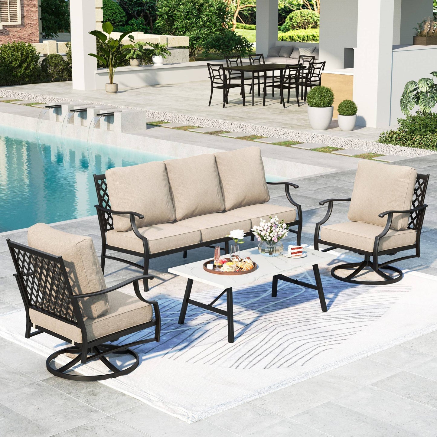 Summit Living 5-Seater Patio Conversation Set Metal Outdoor Furniture Set with Swivel Chairs and Table - Beige