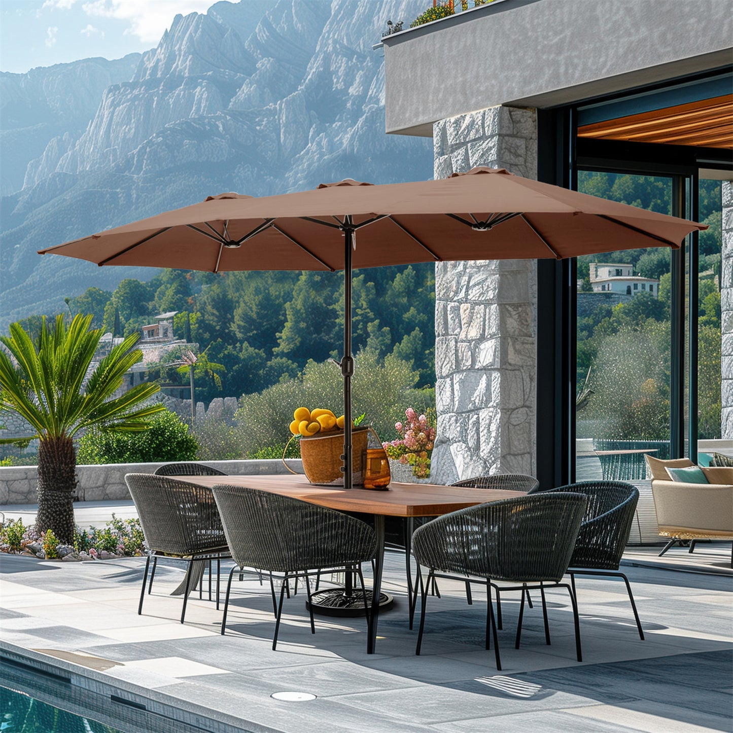 Summit Living 15 FT Patio Umbrella with Base Included Large Outdoor Market Umbrella Brown