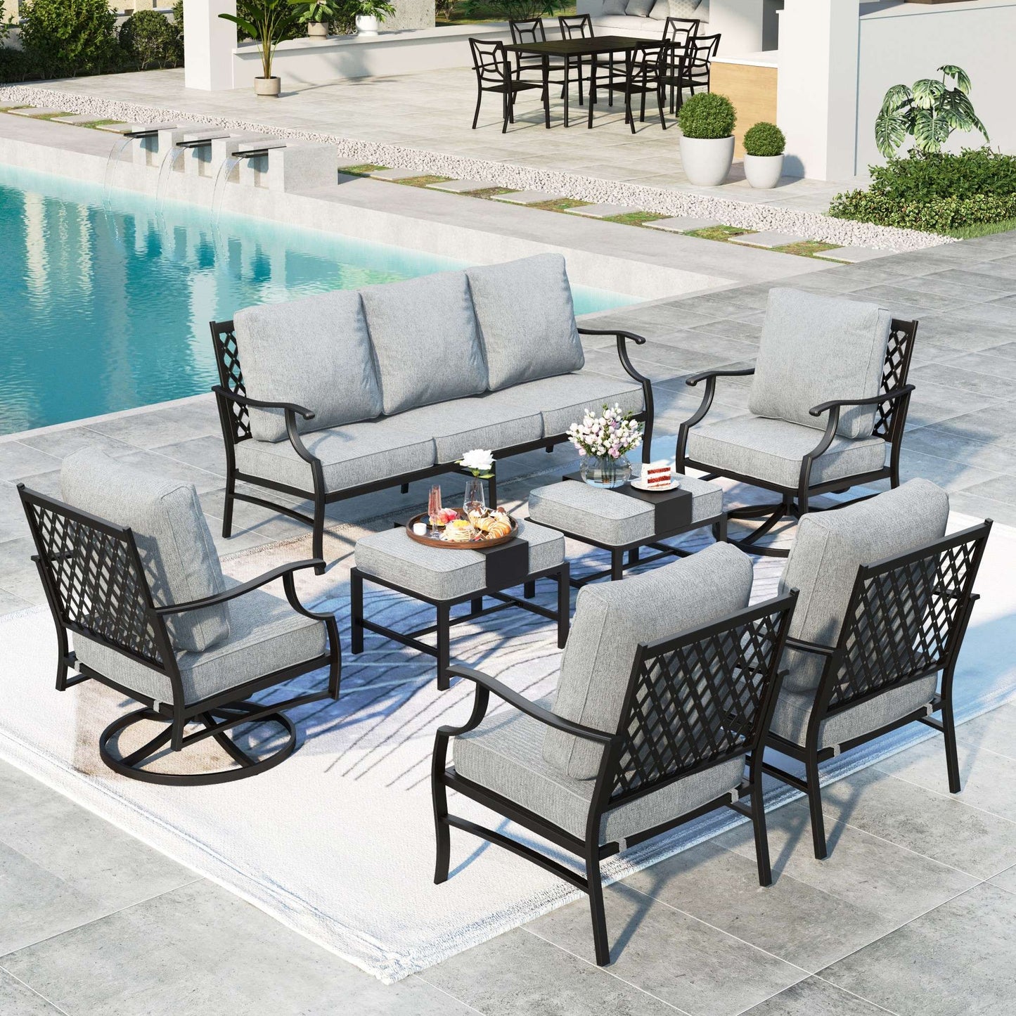 Summit Living 9-Seater Patio Conversation Set Metal Outdoor Furniture Set with Swivel Chairs and Ottomans - Gray
