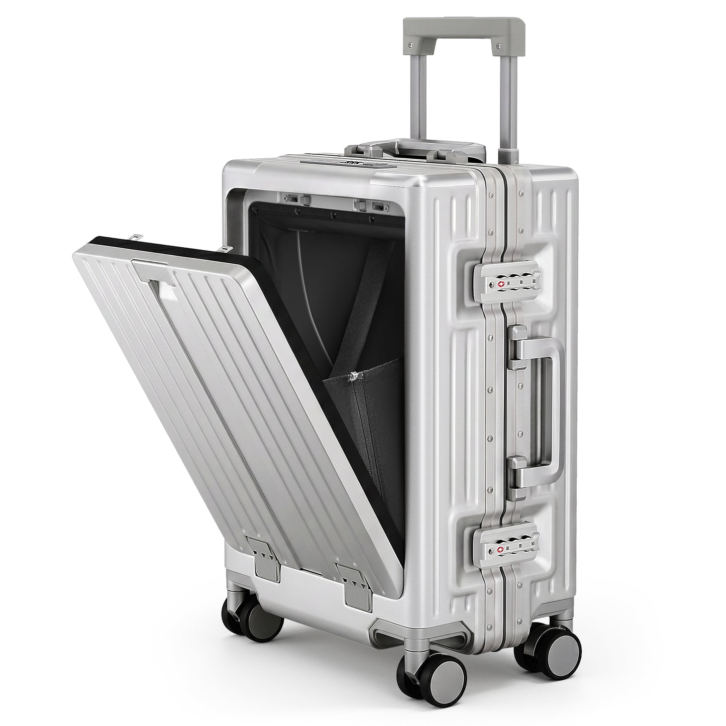 SUMMIT LIVING 20 inch Carry on Luggage, Top Opening Hardshell Zipperless Suitcase with Lightweight PC & Aluminum Frame, TSA locks, Spinner Wheels, USB Charging Port, Cup Holder, Silver Gray