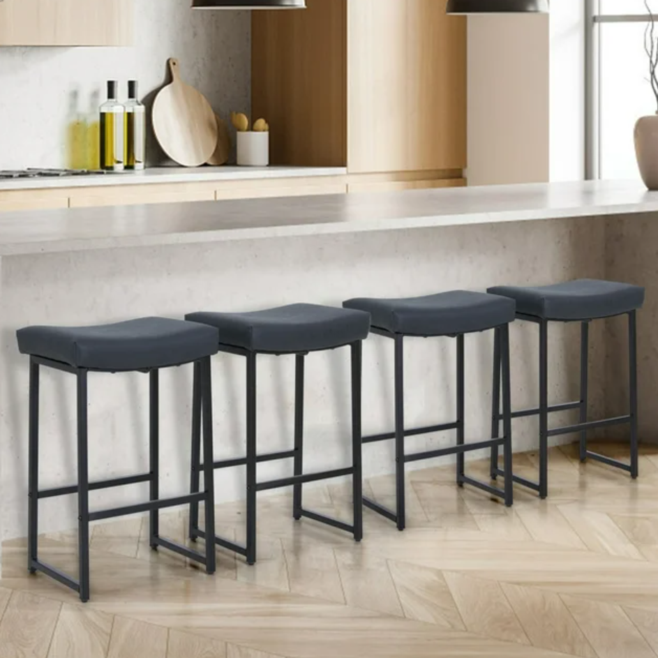 Summit Living 4 Pieces 24 inch Counter Stools, Saddle Backless Faux Leather Bar Stools for Kitchen, Black
