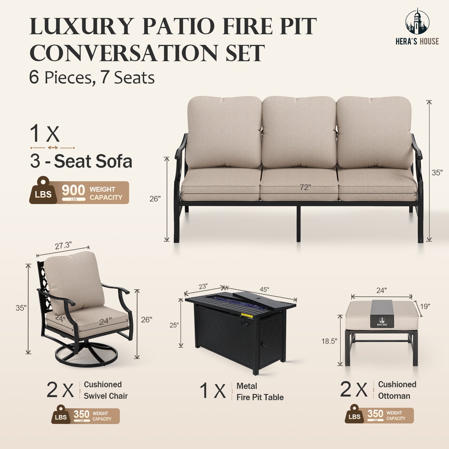 HERA'S HOUSE 6 Pieces Patio Furniture Set with Fire Pit Table, 2 x Swivel Chair, 2 x Ottoman, 3-Seat Sofa with 45" Fire Pit Table, Outdoor Conversation Set for Garden, Poolside, Backyard