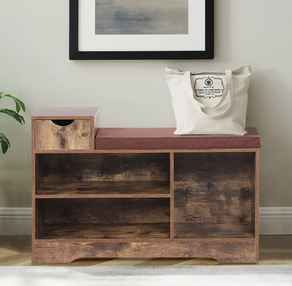 MF Studio 5-Pair Shoe Storage Bench with Cushioned Seat & Drawer, Brown
