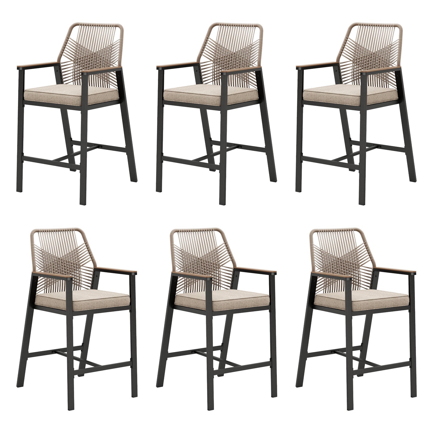MF Studio Outdoor Bar Stool Set of 6, All-Weather Rattan Patio Counter Height Bar Chairs with Removable Cushion for Patio, Garden, Kitchen