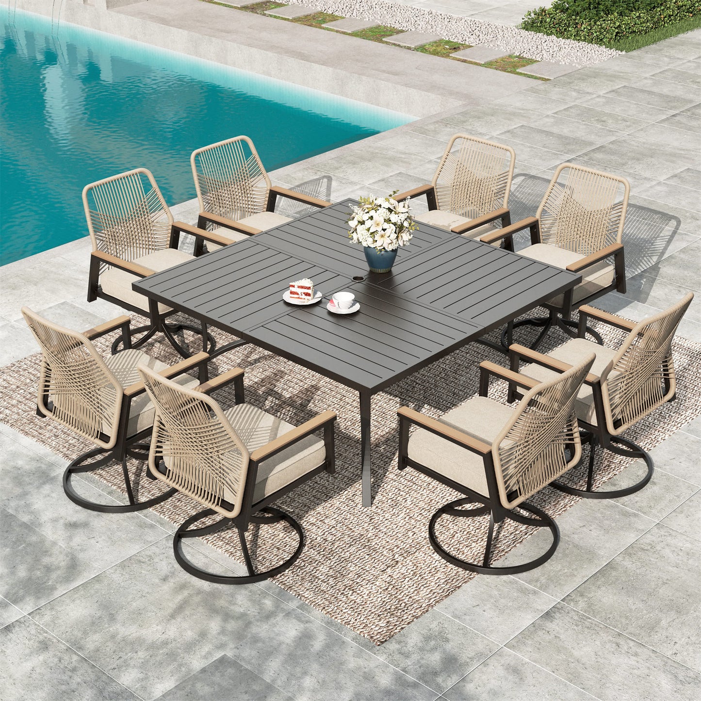 MF Studio 9-Piece Outdoor Patio Dining Set with Swivel All-Weather Rattan Rope Chair and 60" Large Square Table, Black and Beige