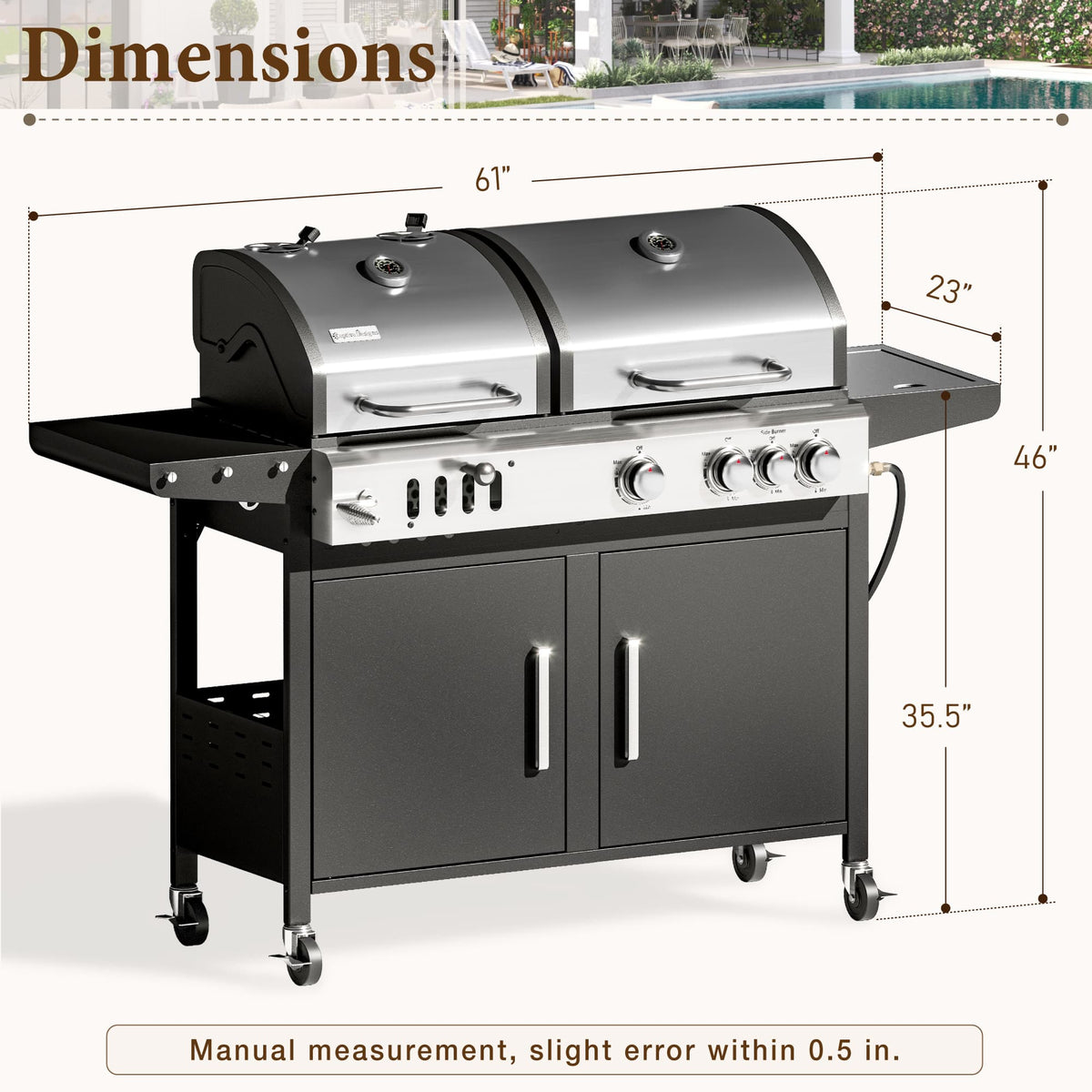 MF Studio Gas and Charcoal Grill Combo Dual Fuel 3-burner 37,000 BTU BBQ Grill with Side Burner
