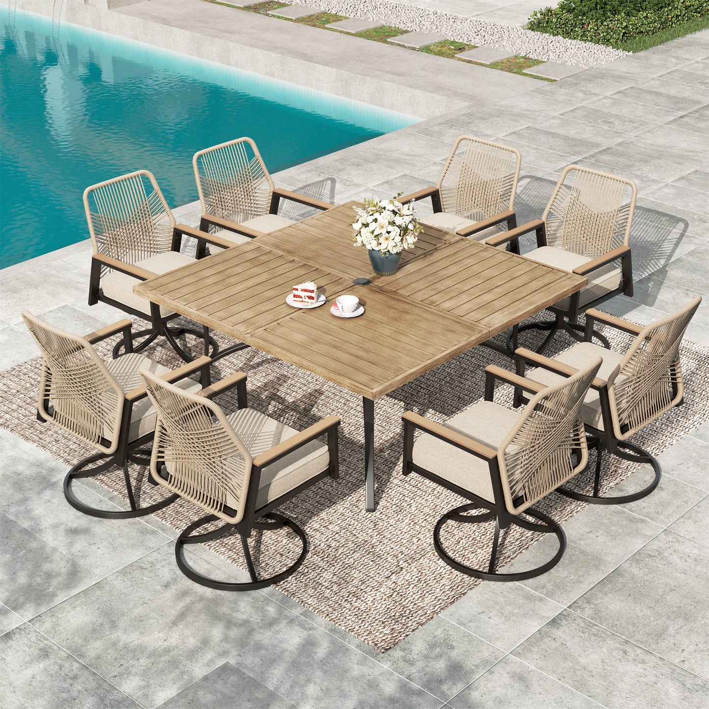 MF Studio 9-Piece Outdoor Patio Dining Set with Swivel All-Weather Rattan Rope Chair and 60" Large Square Wood-Like Table, Black and Beige