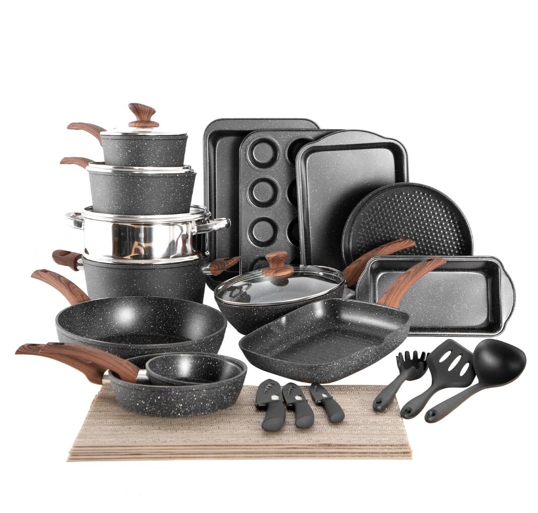MF Studio 30 Pieces Cookware & Bakeware Set Granite Nonstick Pots and Pans, Black