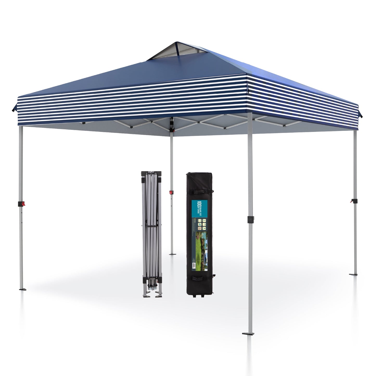 Summit Living 10 x 10ft Pop up Canopy Tent Straight Legs Instant Canopy for Outside with Wheeled Bag - Blue and white stripes
