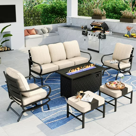 Summit Living 6 Pieces Patio Conversation Set with 45" Rectangle Fire Pit, Outdoor Metal Furniture Sofa for 7 Person, Beige Cushions