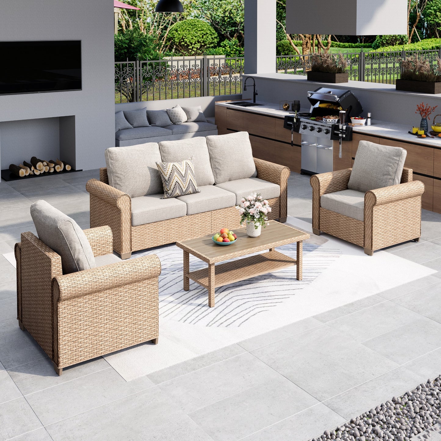 MF Studio 4-Piece Wicker Patio Furniture Set, 5-Seat Rattan Outdoor Furniture Set, Patio Conversation Set with Double-Tier Coffee Table, Beige