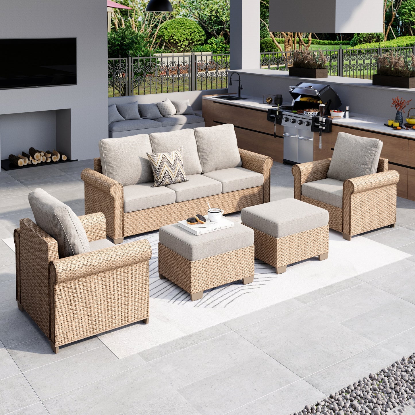 MF Studio 5-Piece Wicker Outdoor Conversation Set, 7-Seat Rattan Outdoor Furniture Set, Patio Furniture Set with 2 Ottomans, Beige