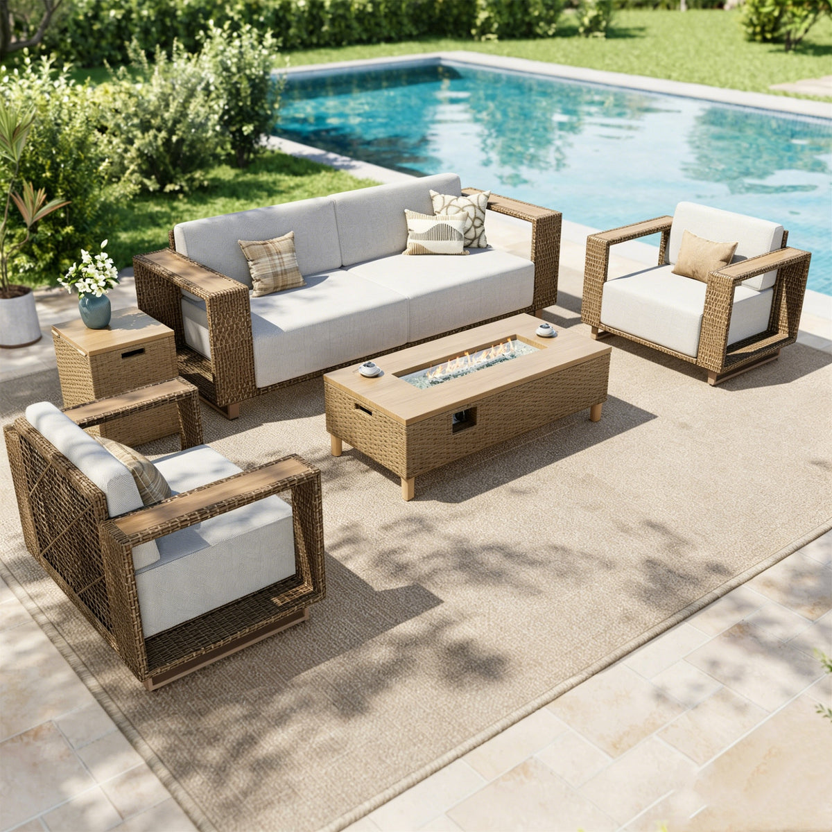 SUMMIT LIVING Wicker Patio Furniture Set with Fire Pit Table, Outdoor Conversation Sofa Set for Garden Backyard, Beige