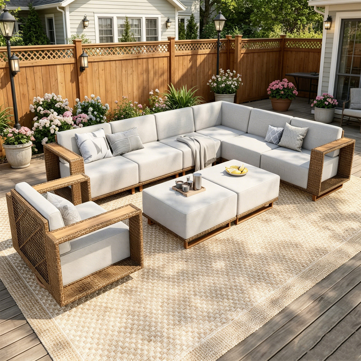SUMMIT LIVING Wicker Patio Furniture Set, All-Weather 9-Piece L Shaped Outdoor Sectional Set with 2 Ottomans & Swivel Sofa for Garden Backyard, Beige