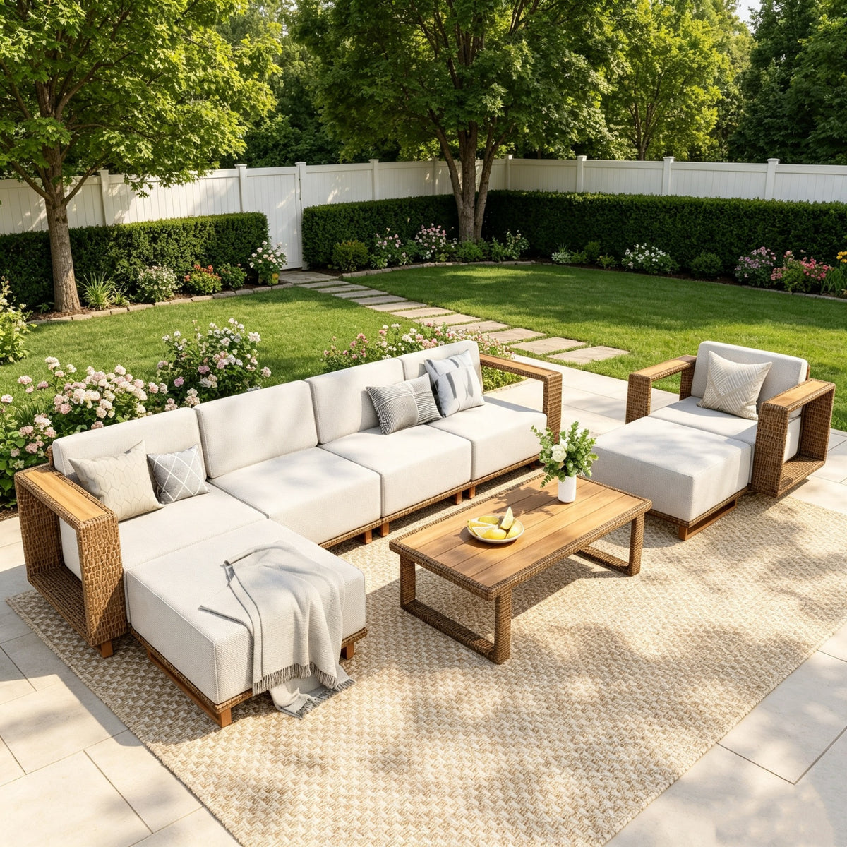 SUMMIT LIVING 8-Piece Wicker Patio Furniture Set, All-Weather Outdoor Sectional Sofa with Swivel Chair & 2 Ottomans for Garden Backyard, Beige