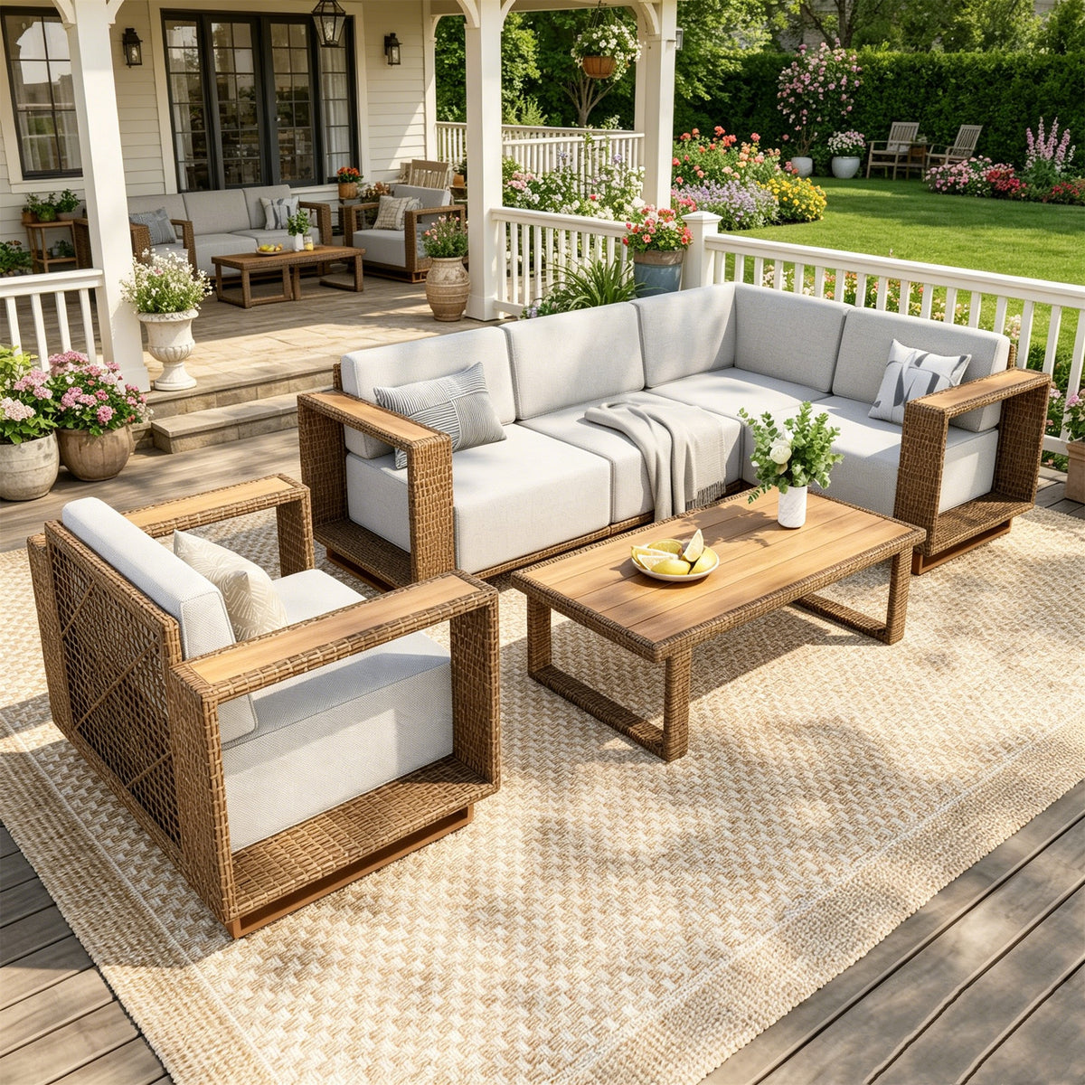 SUMMIT LIVING 6-Piece Wicker Patio Furniture Set, All-Weather Outdoor Sectional Conversation Sofa with Coffee Table & Single Sofa for Garden Backyard, Beige