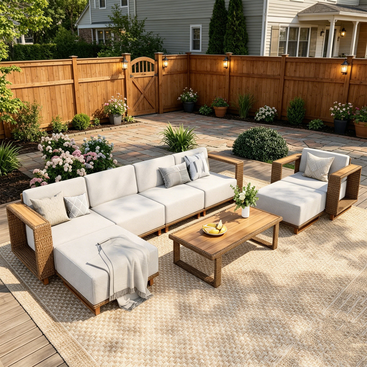 SUMMIT LIVING 8-Piece Wicker Patio Furniture Set, All-Weather Outdoor Sectional Conversation Sofa with 2 Ottomans & Coffee Table for Garden Backyard, Beige
