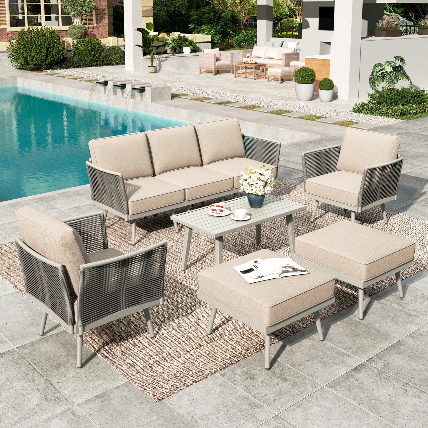 Summit Living 6-Piece Wicker Patio Furniture Set with Detachable Armrests and Thick Cushions, 7 Seat Outdoor Conversation Set with Coffee Table & 2 Ottomans, Cool Gray