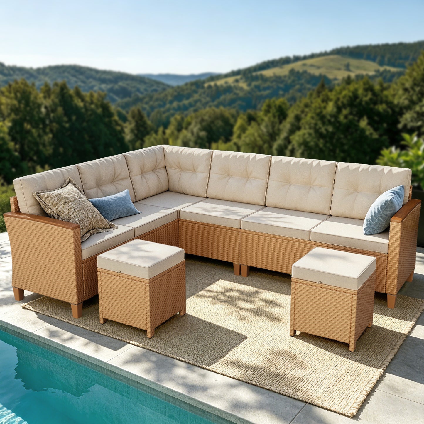 SUMMIT LIVING 5-Piece Wicker Outdoor Patio Furniture Set with Ottomans, 8-Seat Outdoor Patio Sectional, Beige