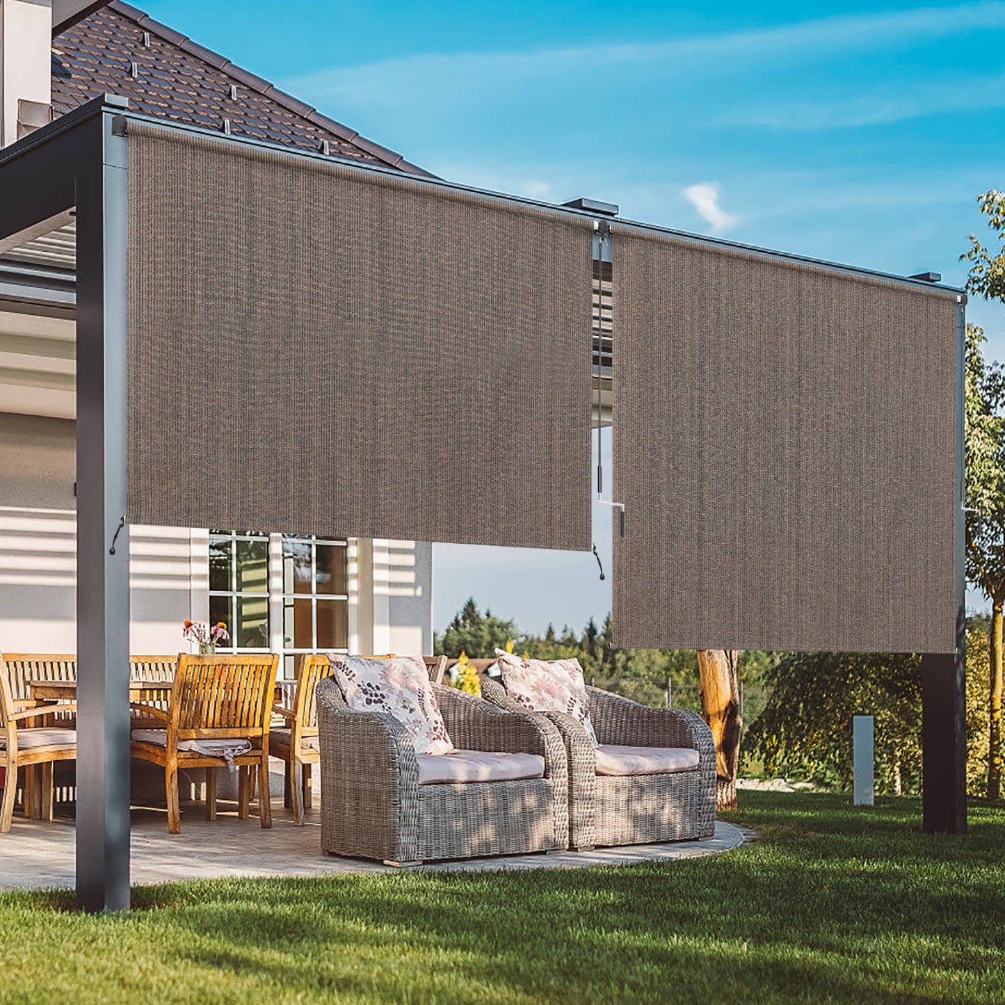 Summit Living Outdoor Patio Roller Sun Shade, Crank Operated Fabric Blind, Cordless Roll Up Shade, W 6 ft x H 8 ft, Coffee Color