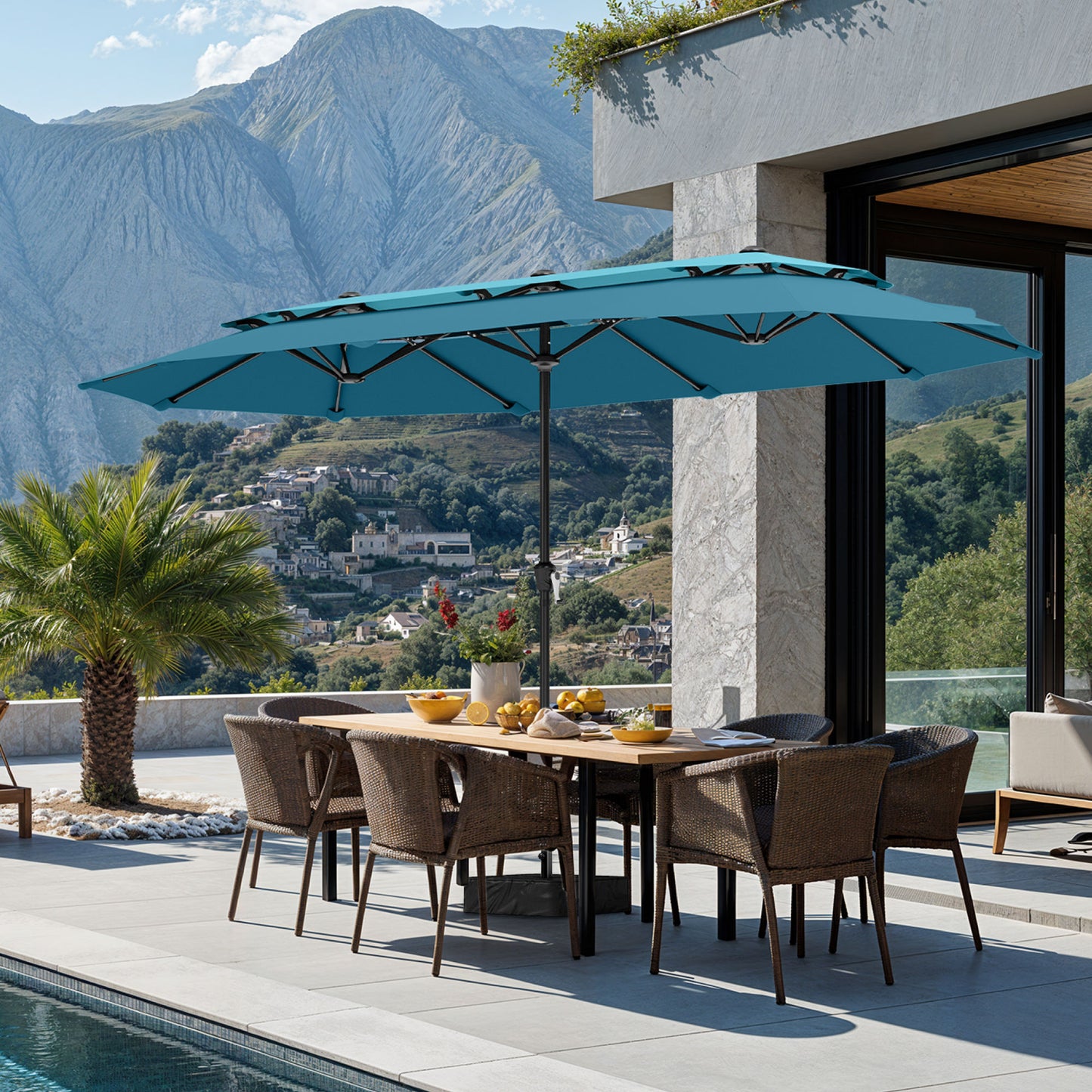 SUMMIT LIVING 13FT Patio Umbrella with Base Included - Double-Vented Rectangle Outdoor Market Umbrella for Patio - Blue & Cerulean
