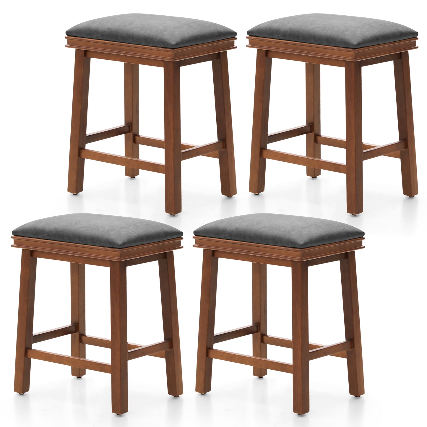 Summit Living 24 Inch Wooden Saddle Bar Stools for Kitchen Counter, Backless Faux Leather Counter Height Stools Set of 2 with Solid Wood Legs , Black