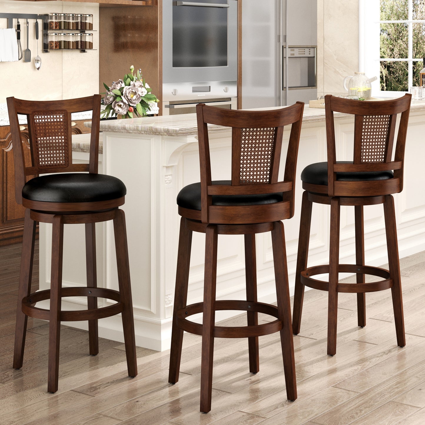 MF Studio 30" Wood Swivel Bar Height Stool with Back Set of 3, Farmhouse Upholstered Pub Chair with Extra Large Seat & Hollow Pattern Back, Walnut