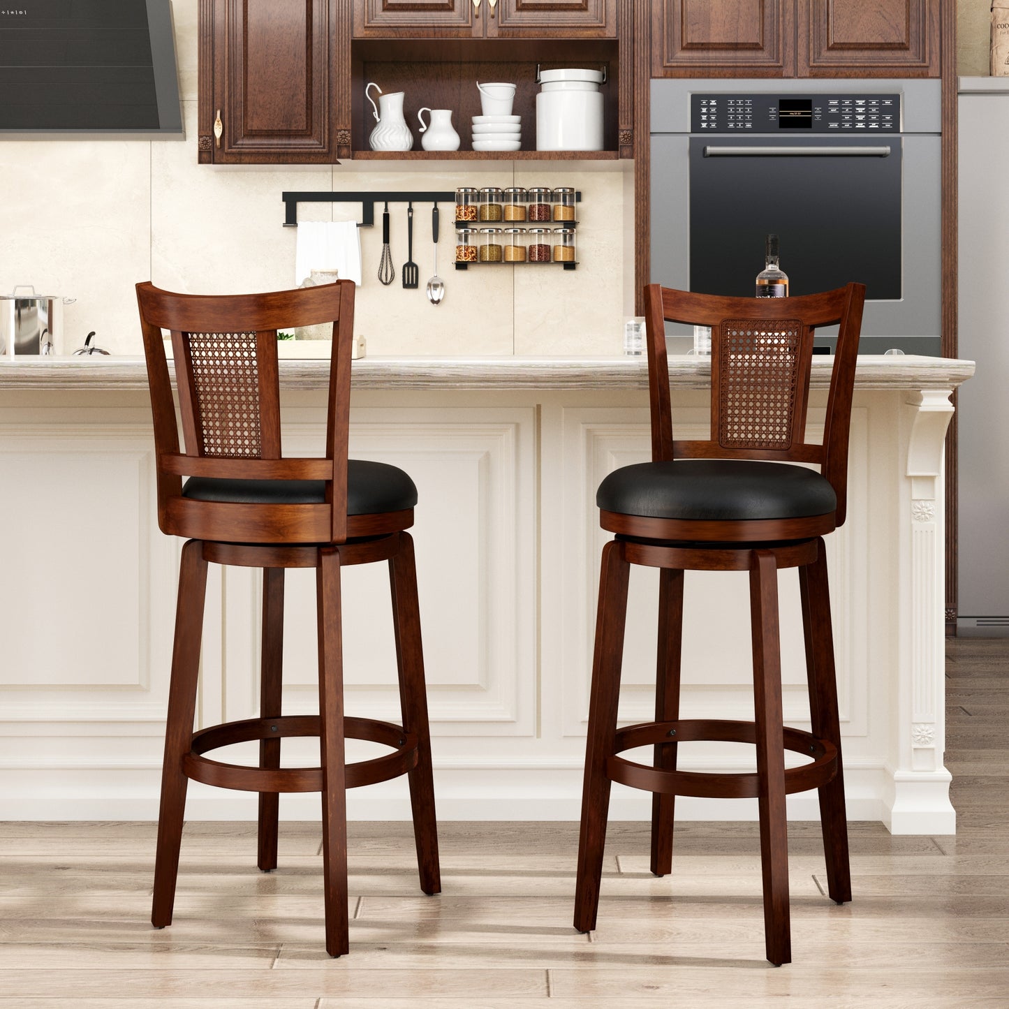 SUMMIT LIVING Wood Swivel Bar Stool Set of 2, Bar Height Kitchen Stool with Back, 30 inch Upholstered Pub Chair, Dark Brown