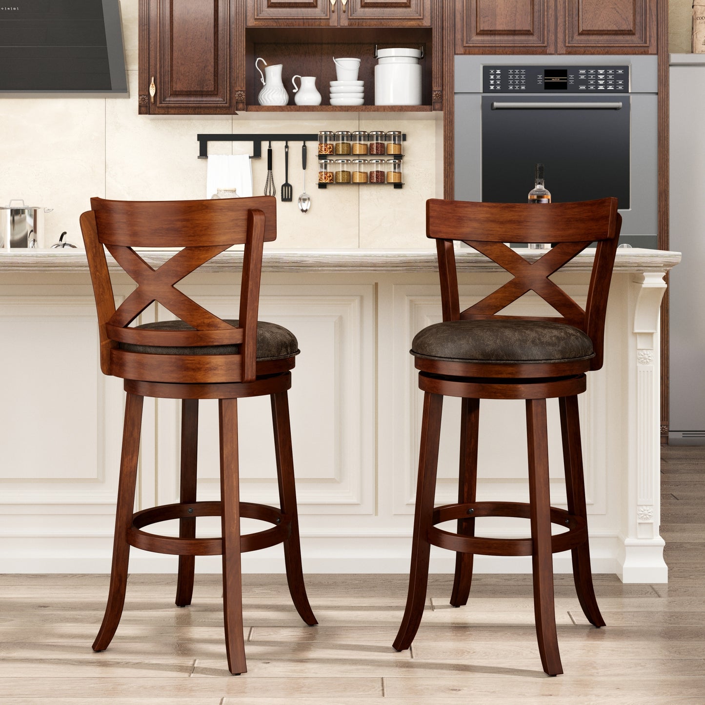 SUMMIT LIVING Wood Swivel Bar Stool Set of 2, Bar Height Kitchen Stool with Open X Back, 30 inch Upholstered Pub Chair, Walnut