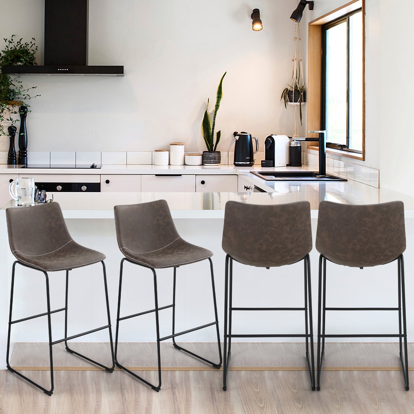 Summit Living 30 inch Height Bar Stools Set of 2 with Back for Kitchen PU Leather Stools Chairs, Brown