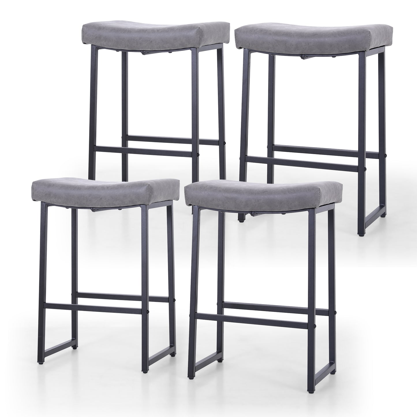 Summit Living 24 Inch Bar Stools Counter Height Saddle Backless Stools for Kitchen Upholstered Faux Leather White & Gold Stools Chairs, Set of 4