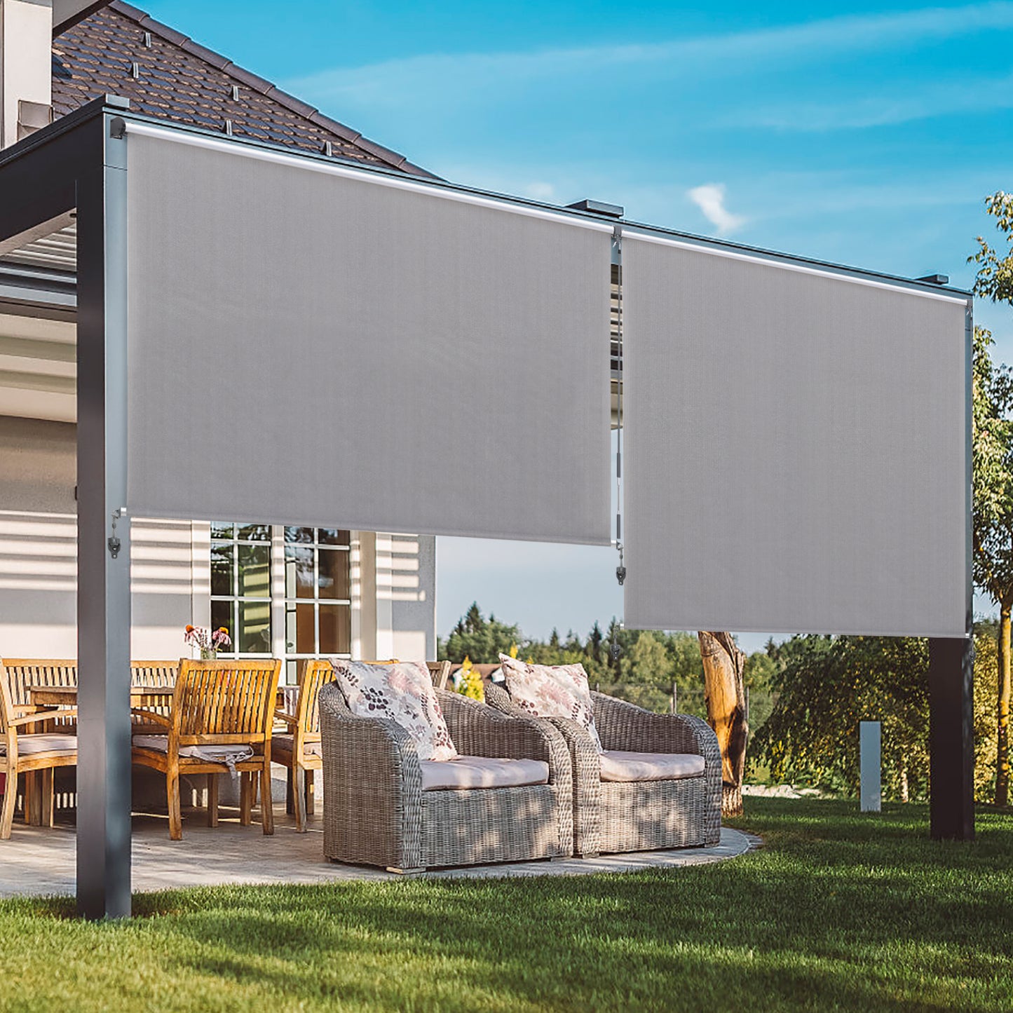 Summit Living Outdoor Patio Roller Sun Shade, Crank Operated Fabric Blind, Cordless Roll Up Shade, W 8 ft x H 6 ft, Light Gray