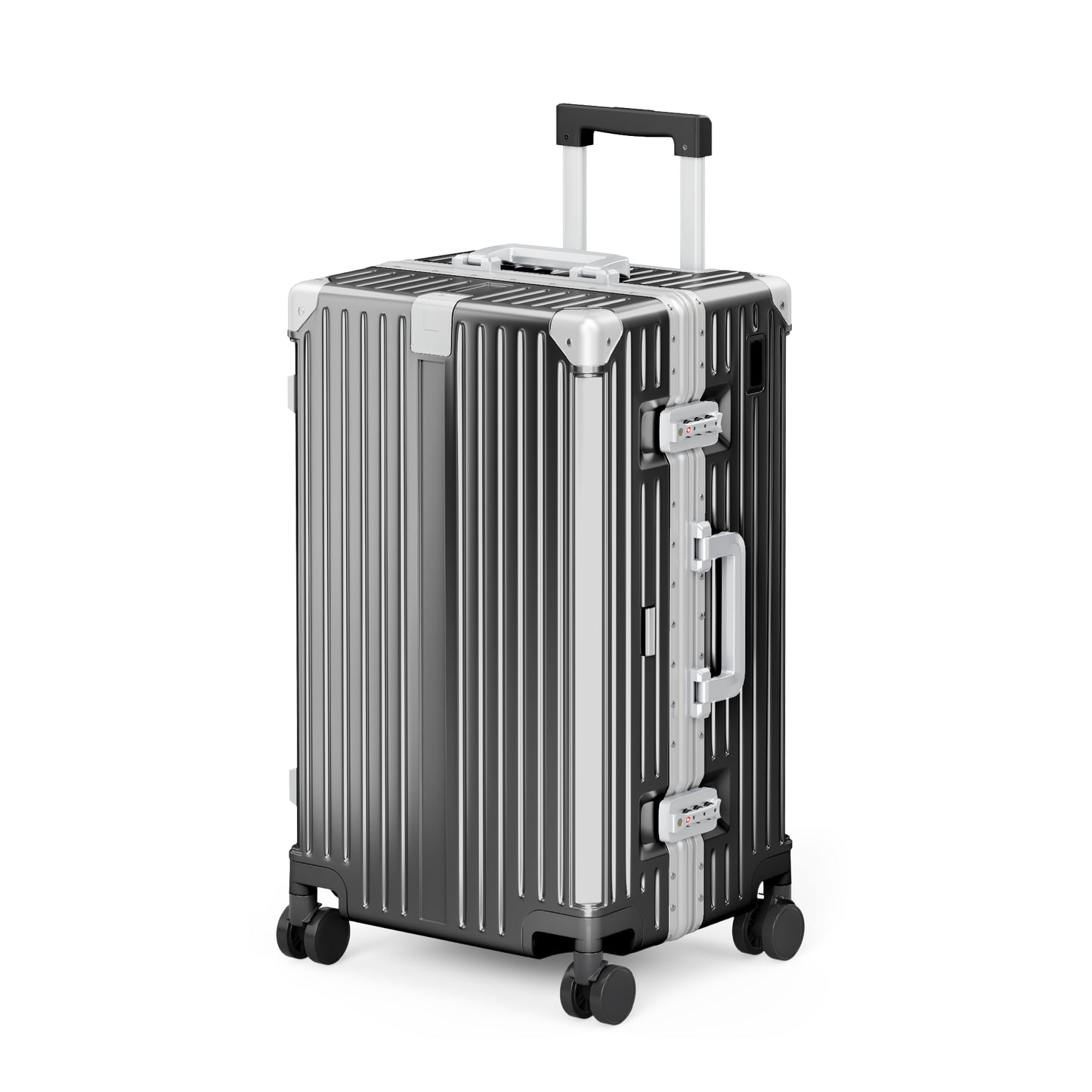 SUMMIT LIVING 24 Inch Checked Trunk Luggage, Lightweight Zipperless PC Hardshell Suitcase with Aluminum Frame, TSA Locks, Spinner Wheels, USB Charging, Black