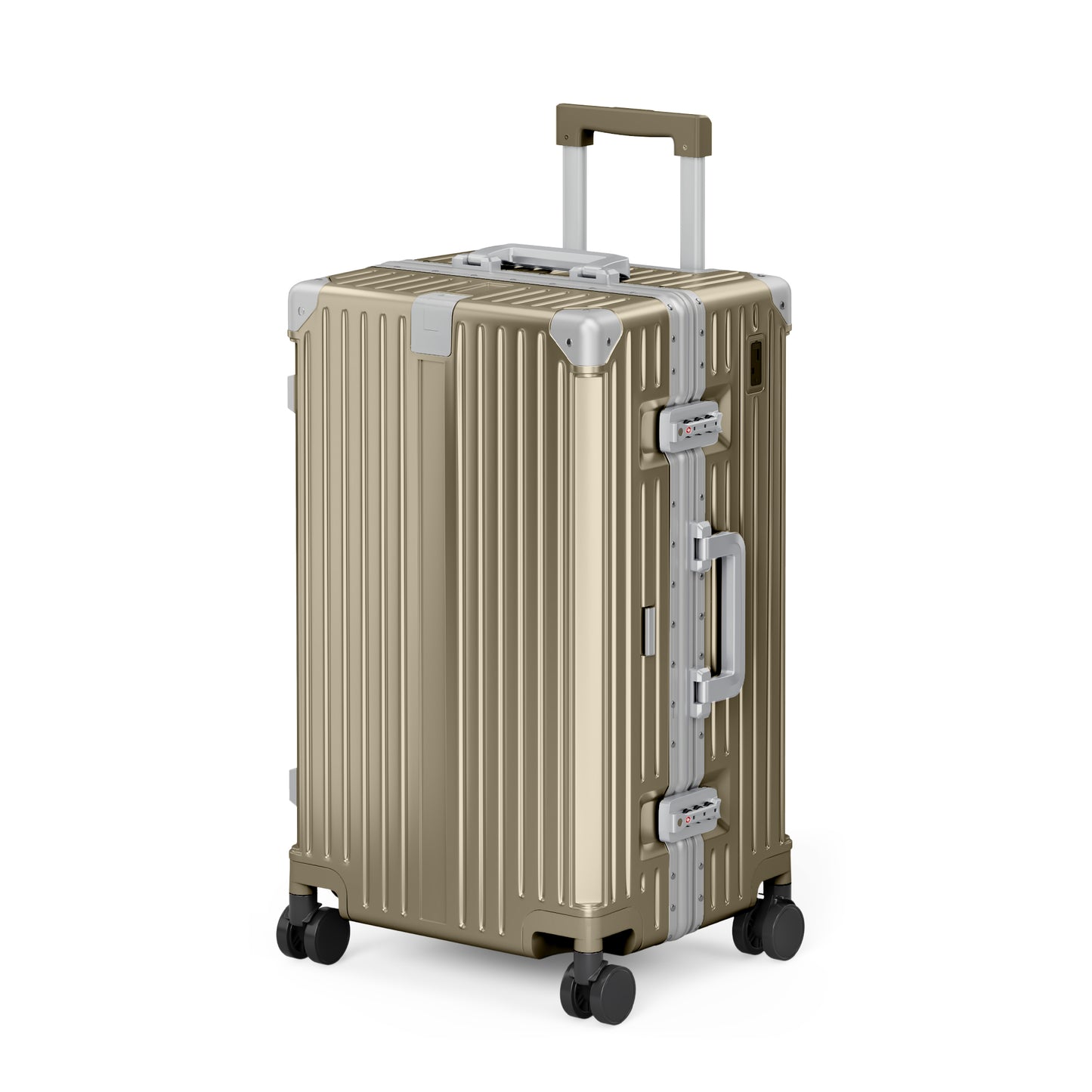 SUMMIT LIVING 24 Inch Checked Trunk Luggage, Lightweight Zipperless PC Hardshell Suitcase with Aluminum Frame, TSA Locks, Spinner Wheels, USB Charging, Champagne Gold