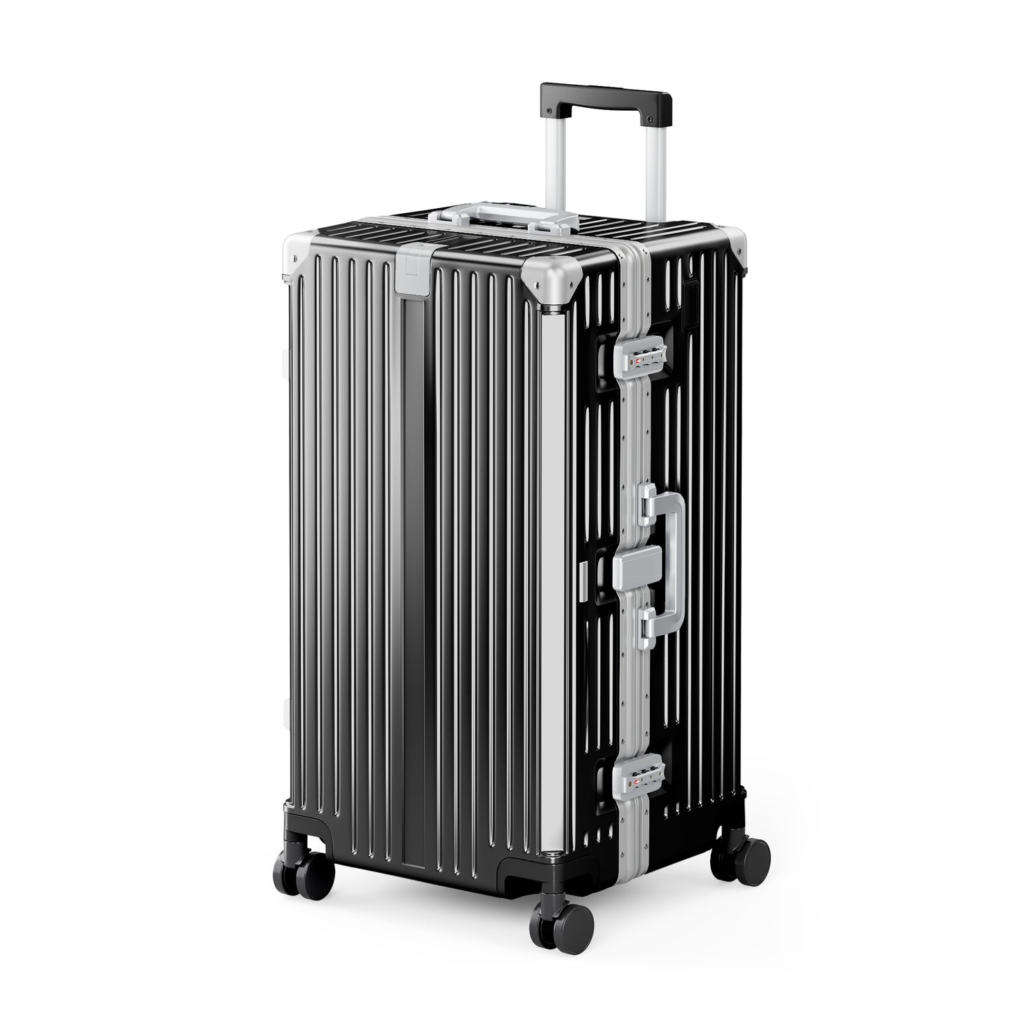 SUMMIT LIVING 28 Inch Checked Trunk Luggage, Lightweight Zipperless PC Hardshell Suitcase with Aluminum Frame, TSA Locks, Spinner Wheels, USB Charging, Black