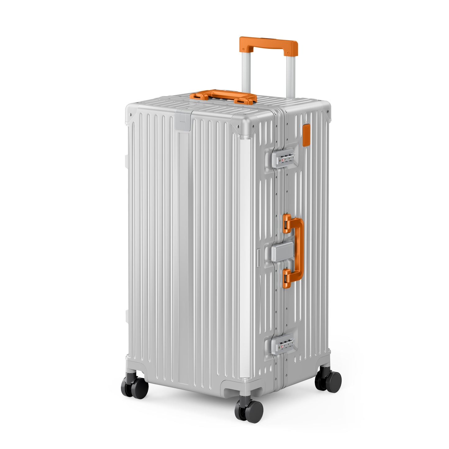 SUMMIT LIVING 28 Inch Checked Trunk Luggage, Lightweight Zipperless PC Hardshell Suitcase with Aluminum Frame, TSA Locks, Spinner Wheels, USB Charging, Silver & Orange