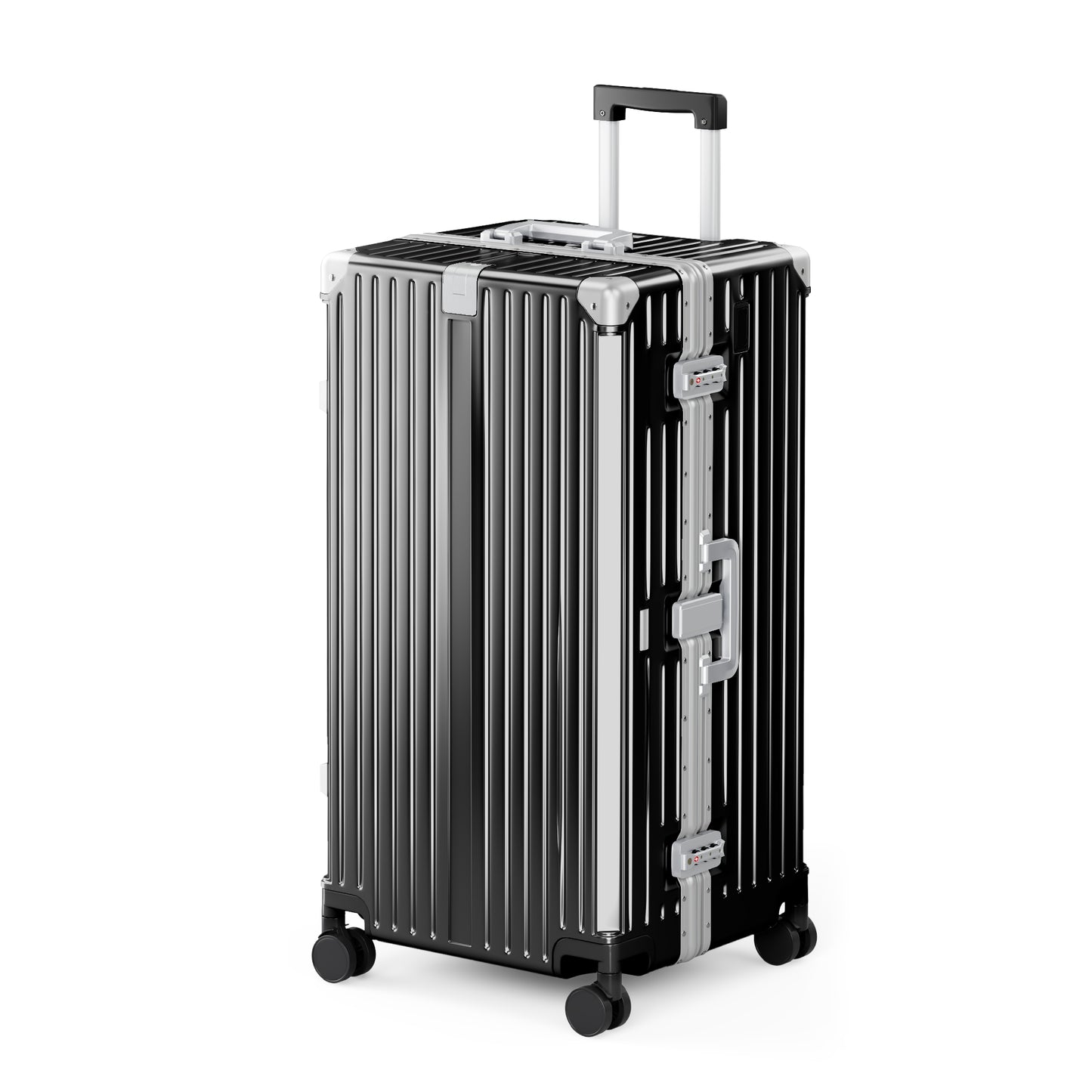 SUMMIT LIVING 30 Inch Checked Trunk Luggage, Lightweight Zipperless PC Hardshell Suitcase with Aluminum Frame, TSA Locks, Spinner Wheels, USB Charging, Black