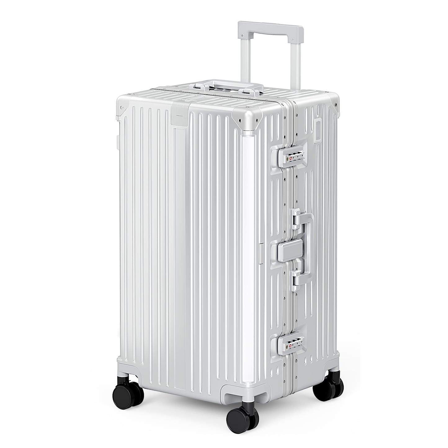 MF Studio 26 Inch Checked Trunk Luggage, Lightweight Zipperless PC Hardshell Suitcase with Aluminum Frame, TSA Locks, Spinner Wheels, USB Charging Port, Silver Gray