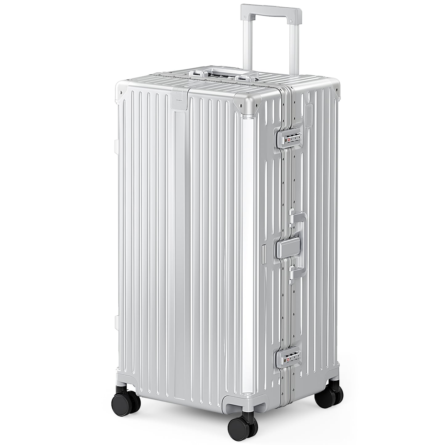 MF Studio 30 Inch Checked Trunk Luggage, Lightweight Zipperless PC Hardshell Suitcase with Aluminum Frame, TSA Locks, Spinner Wheels, USB Charging Port, Silver Gray